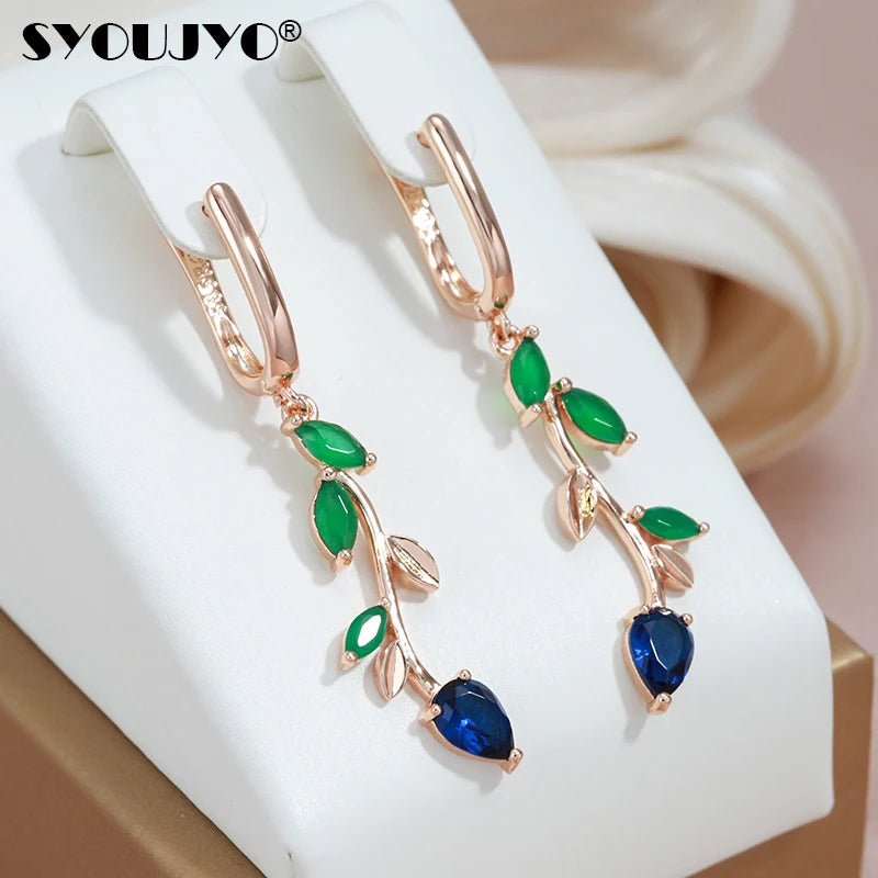 SYOUJYO Natural Green Zircon Willow Earrings For Women Leaf Shape 585 Rose Gold Color Drop Earrings Luxury Design Spring Gift - Kenner House Emporium