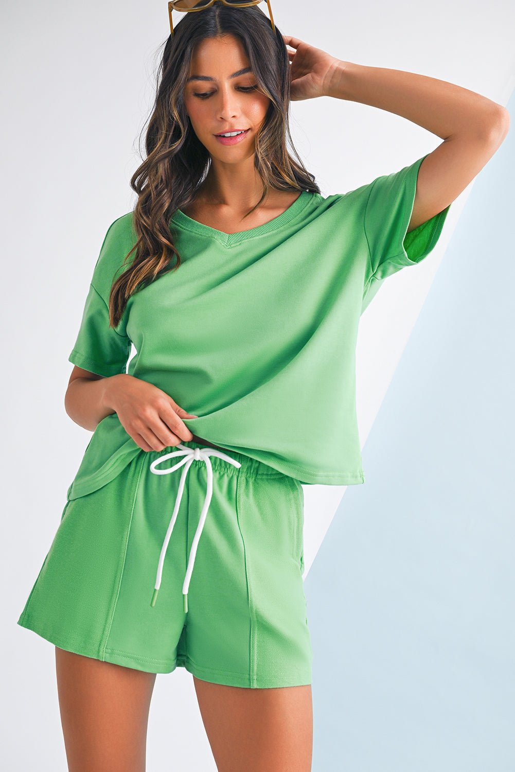 Mint Green V Neck Drop Shoulder Tee and Patchwork Shorts Set - Kenner House Emporium