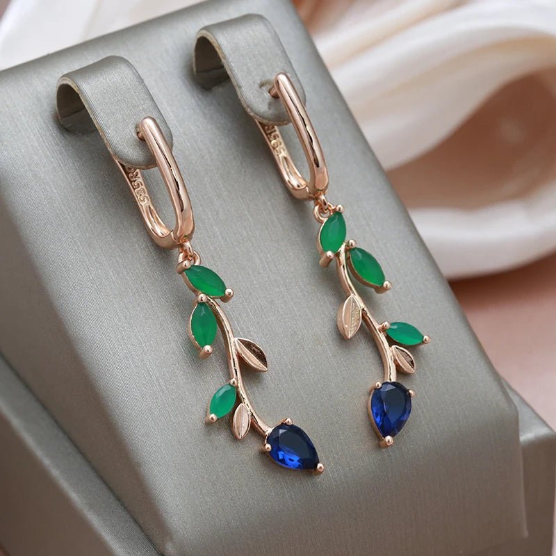 SYOUJYO Natural Green Zircon Willow Earrings For Women Leaf Shape 585 Rose Gold Color Drop Earrings Luxury Design Spring Gift - Kenner House Emporium