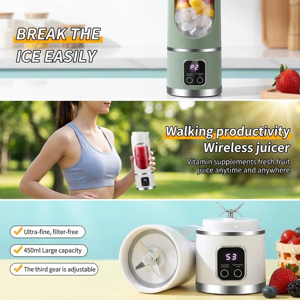 2025 Mini Electric Juicer with Powerful Motor 450ML Large Capacity Digital Display Crushed Ice Household Charging Juice Cup - Kenner House Emporium