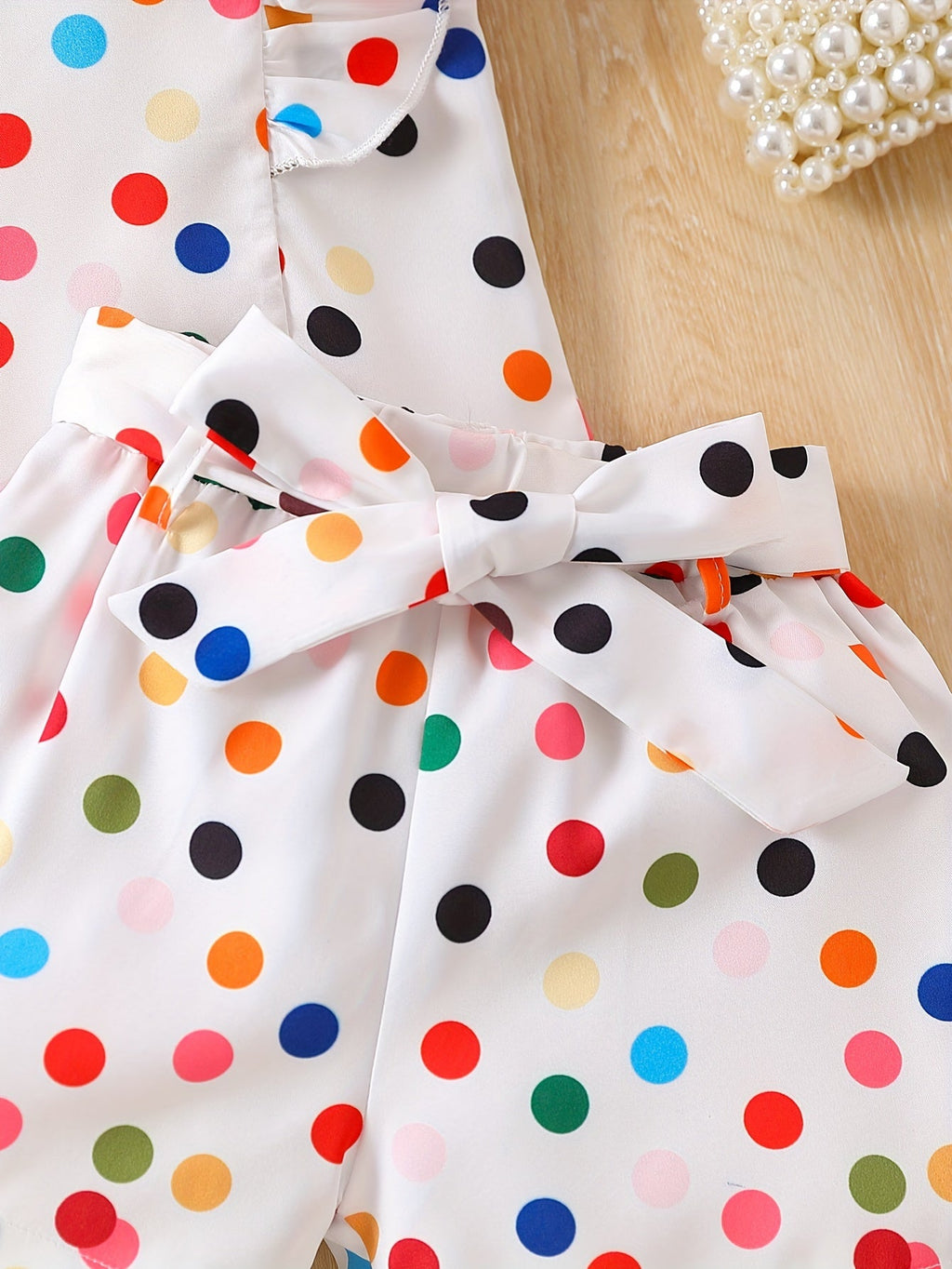 2pcs Dreamy Polka Dot Print Sleeveless Top + Shorts Set with Ruffle Trim and Bow Belt for Girls Summer Outfits - Kenner House Emporium