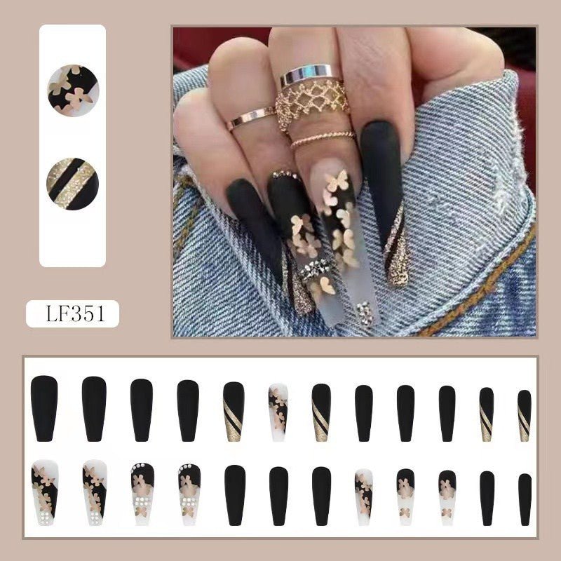 [24pcs Press - On Nails] Lirches 24pcs Press - On Nails, Hot Golden Butterfly Fake Nails, Pre - made Matte Golden Glitter Wearable Nail Tips, Light Luxury Rhinestone Style, Instagram - Inspired Manicure Nail Stickers, Includes Jelly - Kenner House Emporium