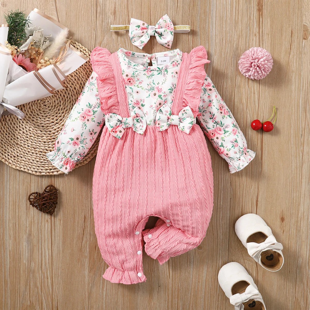 0 - 18 Months Newborn Baby Girl Romper Cute Floral Long Sleeve with Bow Bodysuit+Headband Infant Girl Spring&Autumn Jumpsuit - Kenner House Emporium