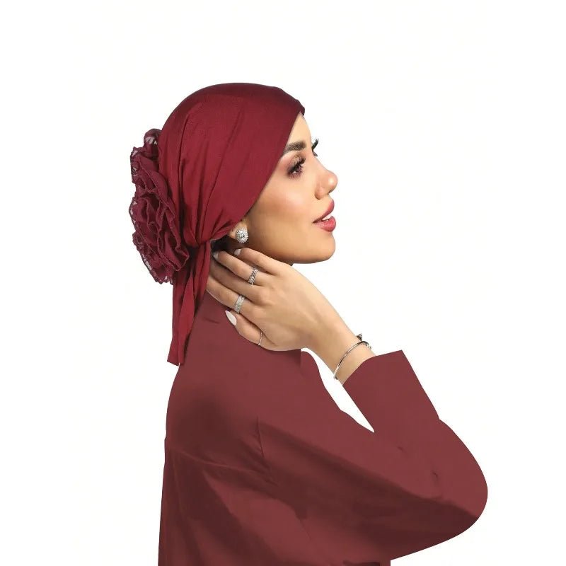 Women's Chiffon Headscarf With Flower Decoration,Monochromatic Elastic Breathable Head Wrap Suitable For Spring,Summer,Autumn - Kenner House Emporium