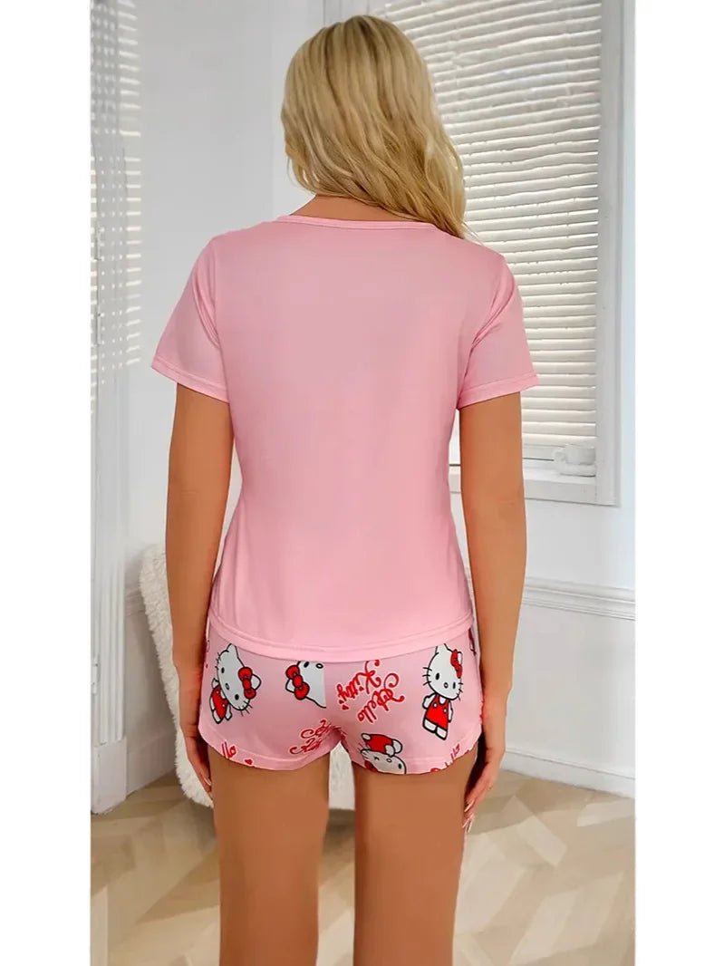 HelloKitty Women's Short Sleeve Pajama Set - Cartoon Graphic Spring/Fall Homewear Cozy Pink Sleepwear & Loungewear Lightweight - Kenner House Emporium