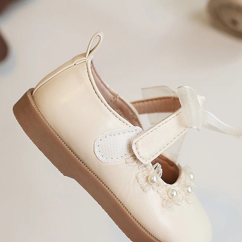 Baby Girls Leather Shoes for Wedding Party Princess Kids Flat Mary Janes Lace Bowtie with Beading 2025 Spring Children Flats New - Kenner House Emporium