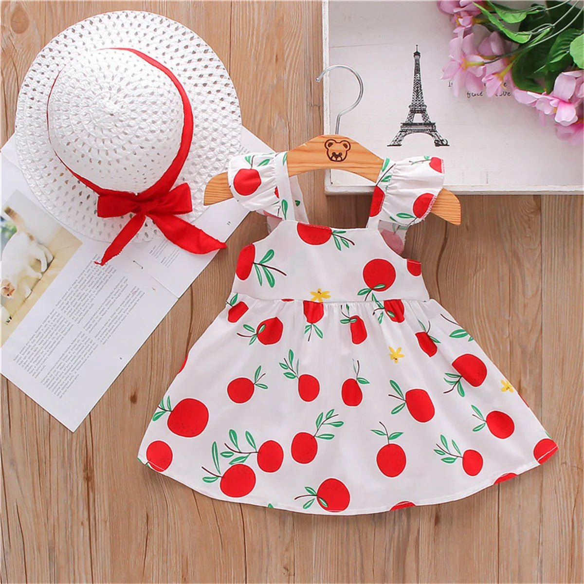 2Pcs/SetSummer girls dress children's clothing new small suspender bow orange print vest skirt with hat as a gift - Kenner House Emporium