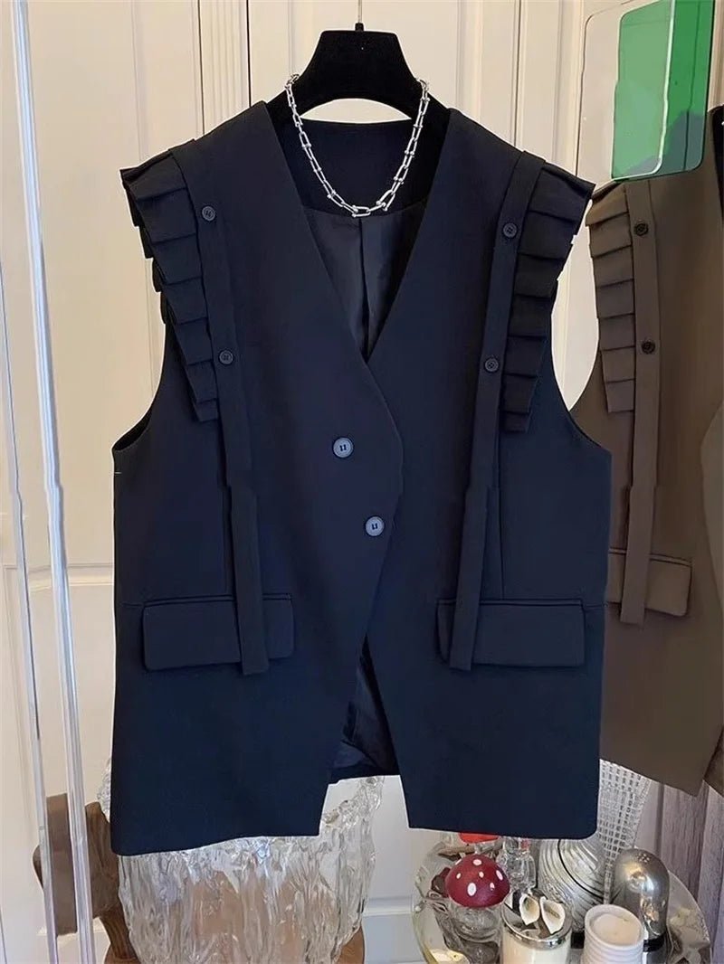 New Vest Coat Female Spring Autumn Temperament Wood Ear Splicing Suit Sleeveless Jacket Women Loose Casual Waistcoat Tops Ladies - Kenner House Emporium