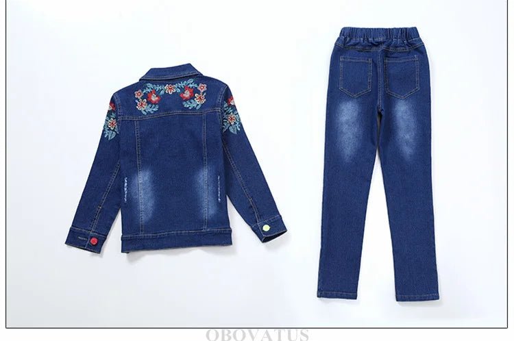 Fashion Kids Girl Denim 2 Piece Set Jacket and Jeans Embroidery Flower Jeans Jacket and Pants Set Child Vintage Spring Clothes - Kenner House Emporium