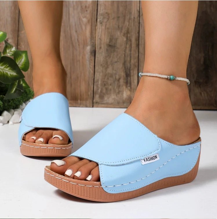 Ladies wear wedge heel sandals, solid color open toe thick soled shoes, summer comfortable slippers, ventilated and easy to wear - Kenner House Emporium
