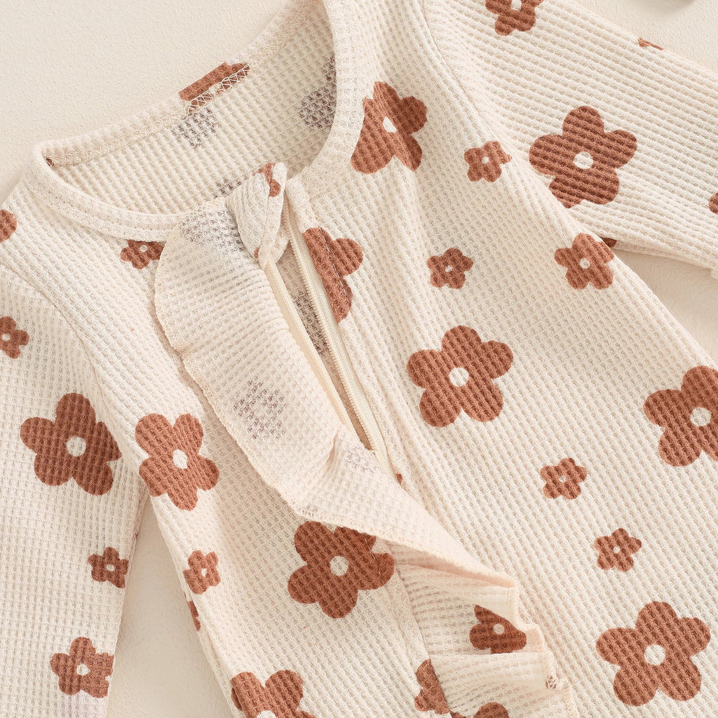 Toddler Baby Girls Floral Footies Jumpsuit and Headband Children Cotton Long Sleeve Frills Zipped Autumn Spring Kids Clothes - Kenner House Emporium