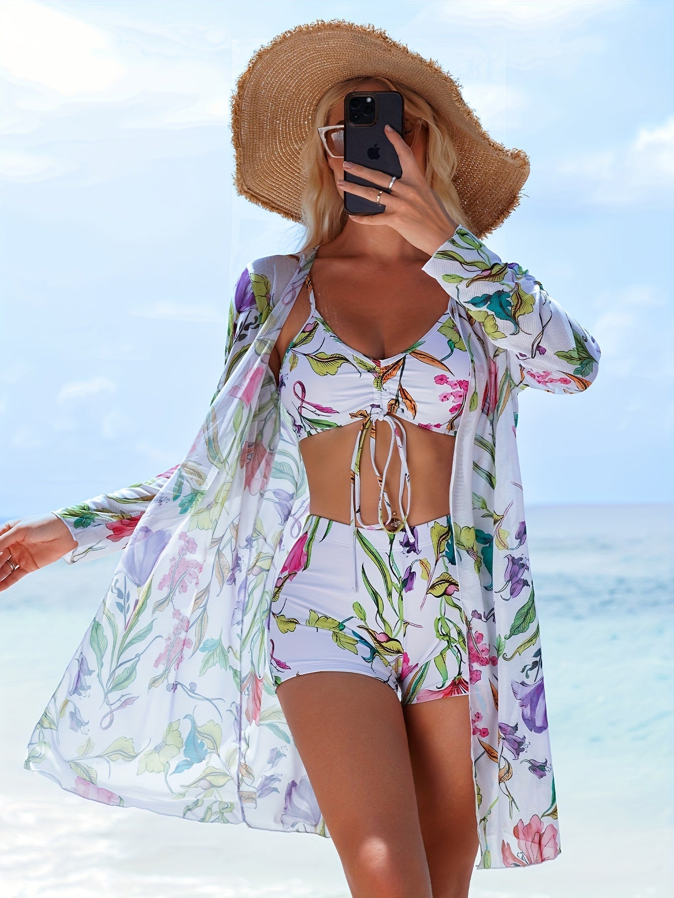 Women's Bikini Three - Piece Swimsuit with Boxer Shorts, New Split Cover - Up, Bowknot Fashion Beachwear - Kenner House Emporium