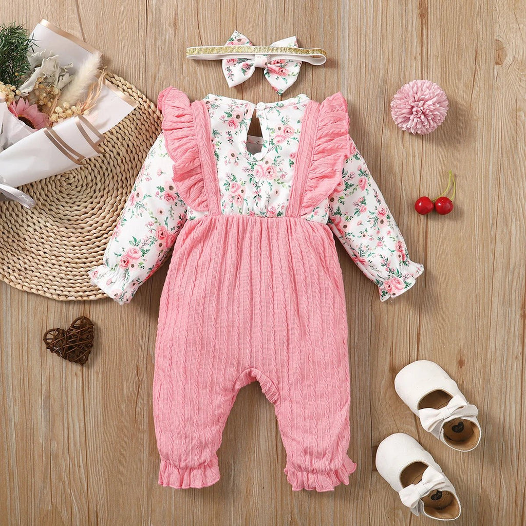 0 - 18 Months Newborn Baby Girl Romper Cute Floral Long Sleeve with Bow Bodysuit+Headband Infant Girl Spring&Autumn Jumpsuit - Kenner House Emporium