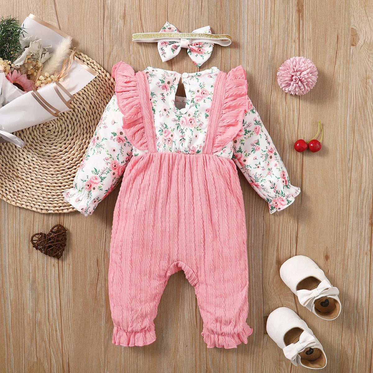 0 - 18 Months Newborn Baby Girl Romper Cute Floral Long Sleeve with Bow Bodysuit+Headband Infant Girl Spring&Autumn Jumpsuit - Kenner House Emporium