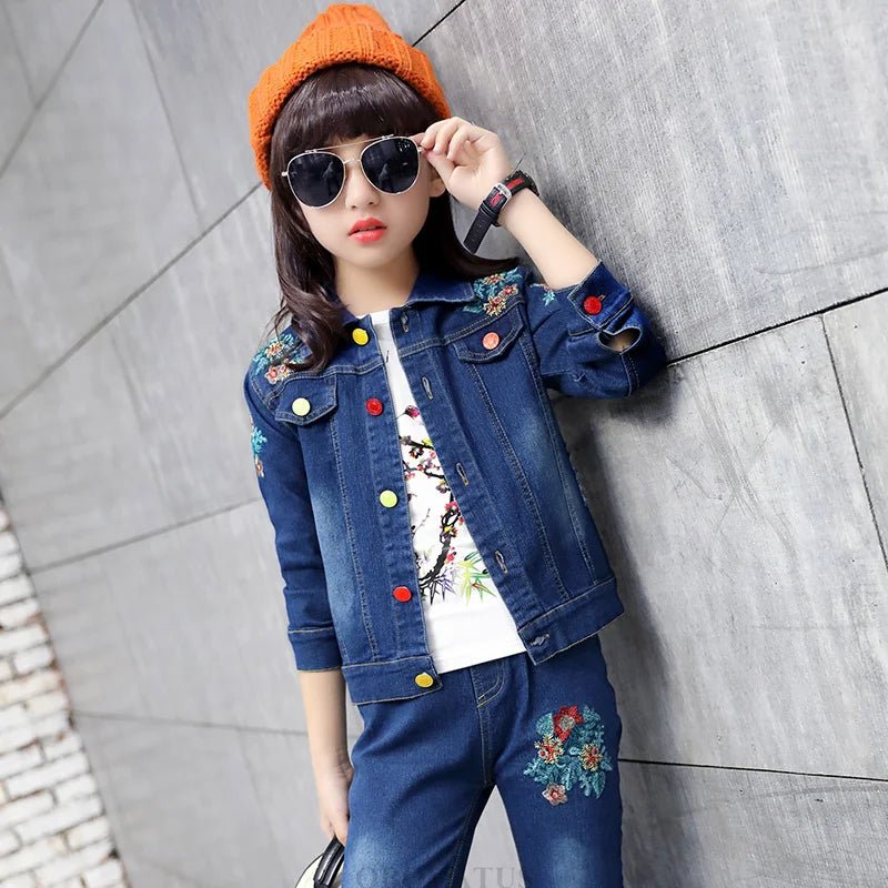 Fashion Kids Girl Denim 2 Piece Set Jacket and Jeans Embroidery Flower Jeans Jacket and Pants Set Child Vintage Spring Clothes - Kenner House Emporium