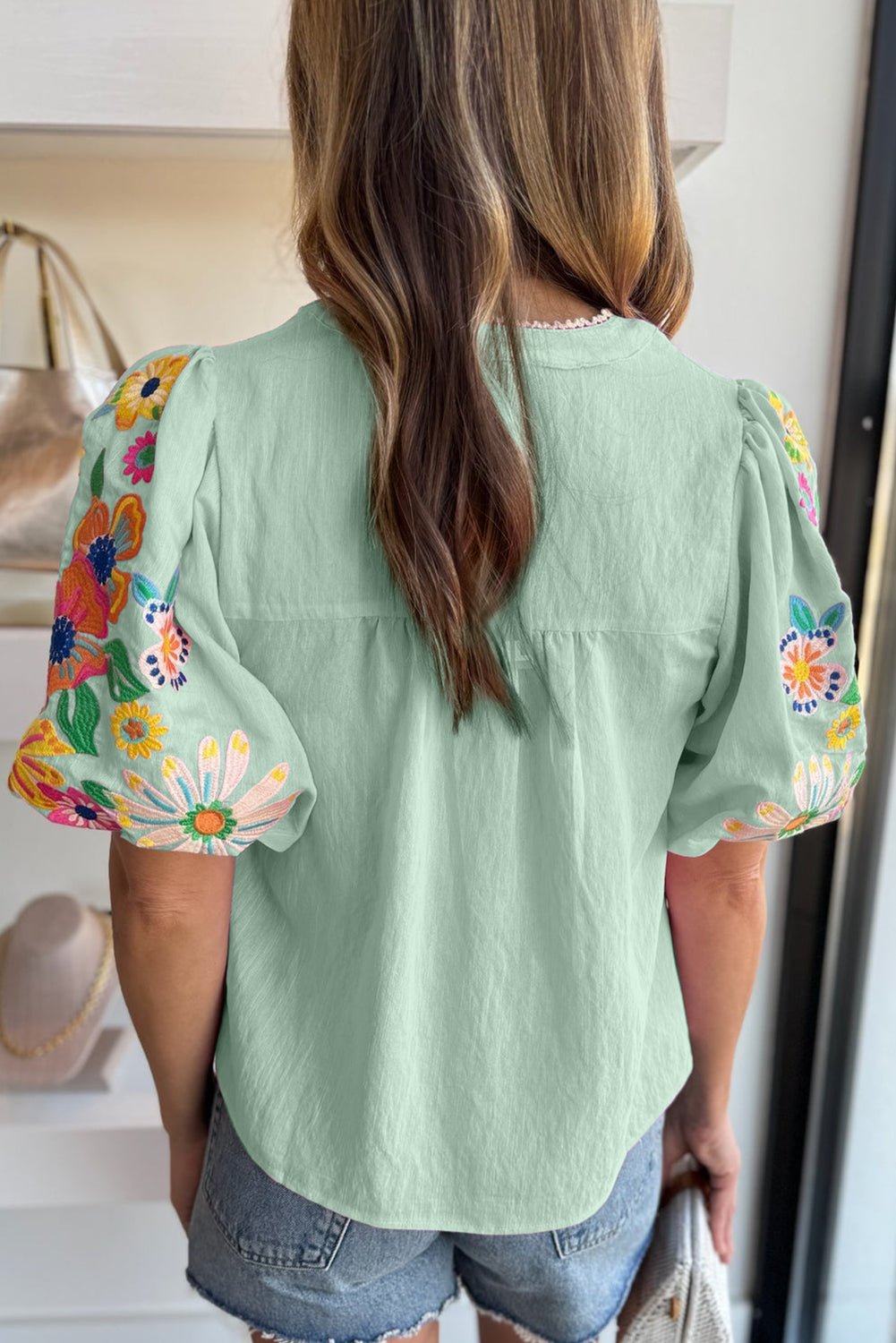 Clearly Aqua Floral Embroidered Puff Sleeve Split Neck Blouse - Kenner House Emporium