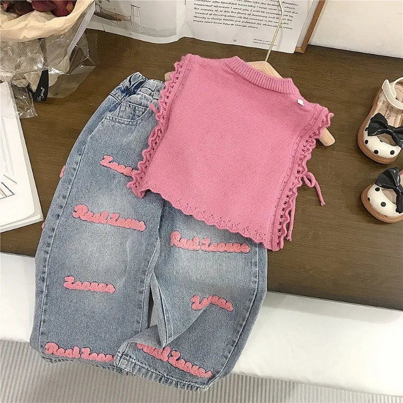 Children's Clothing sets 2 - 7 Years Pink Knitted Waistcoat + Jeans Summer Outfit Toddler Infant Clothing Set Kids Wear - Kenner House Emporium