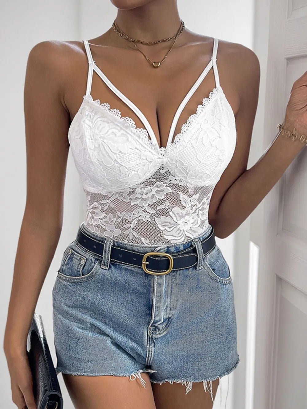 Perfee Spaghetti Strap Lace Bodysuit - Kenner House Emporium
