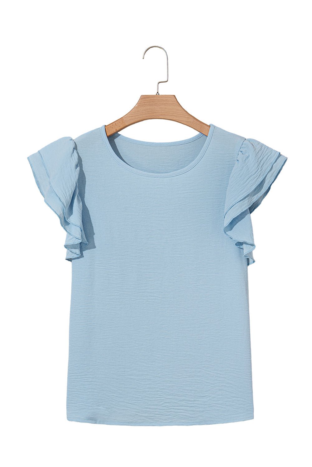 Mist Blue Solid Color Ruffle Sleeve Crinkled Blouse - Kenner House Emporium