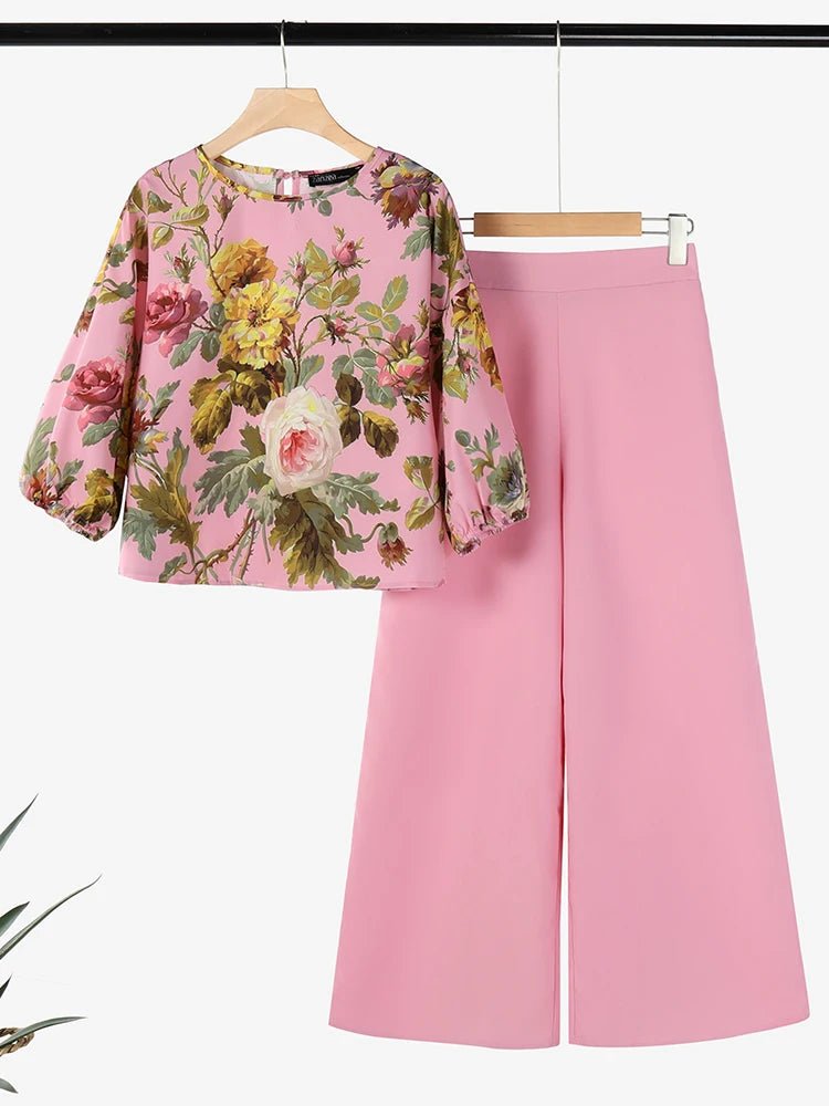 ZANZEA Spring 2pcs Outfits Women Pant Sets 3/4 Sleeve Floral Printed Blouse Loose Trousers Suits Elegant Work Tracksuit Oversize - Kenner House Emporium