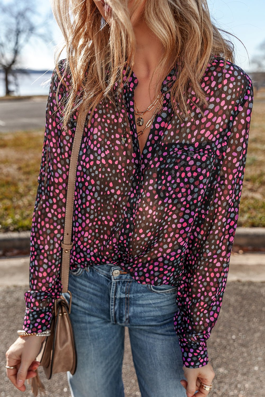 Grape Wine Polka Dot Print Buttoned Shirt - Kenner House Emporium