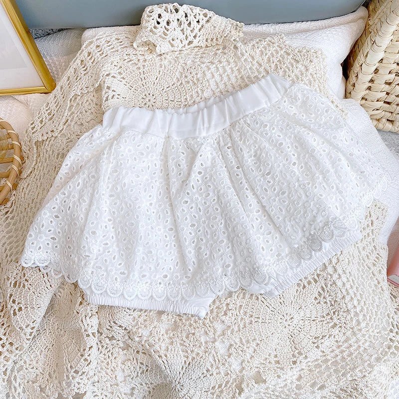 Girls Summer Clothing Sets Hollow Lace Suit Baby Casual Sleeveless T-shirt+Shorts Kids Clothing Sets Baby Clothes Outfits - Kenner House Emporium