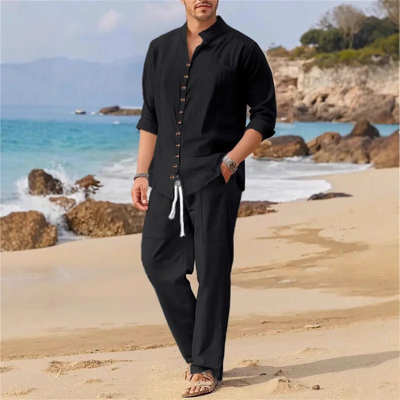 Men's Fashionable Cotton Linen Shirt Set, Stand Collar, Long Sleeves, Two - Piece Set, Spring/Autumn Style, 100% Natural Fiber - Kenner House Emporium