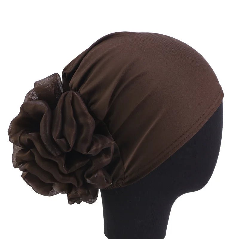 Women's Chiffon Headscarf With Flower Decoration,Monochromatic Elastic Breathable Head Wrap Suitable For Spring,Summer,Autumn - Kenner House Emporium