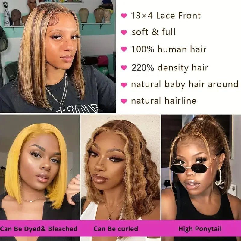 100% Human Hair Wigs 13x4 Lace Human Hair Lace Frontal Wig Ready Wear Bob Wigs 220Density For Black Women 4/27 Color Gold - Kenner House Emporium