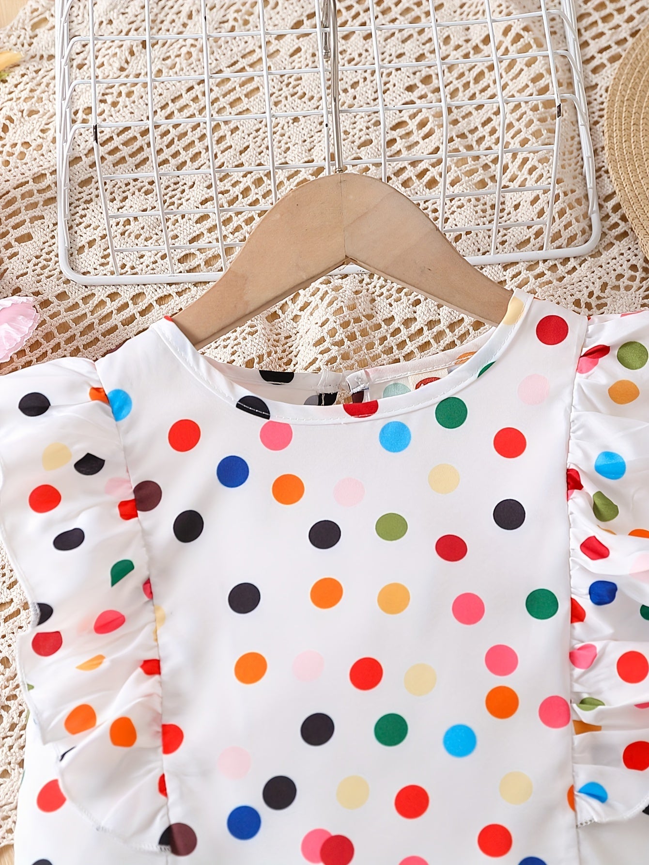 2pcs Dreamy Polka Dot Print Sleeveless Top + Shorts Set with Ruffle Trim and Bow Belt for Girls Summer Outfits - Kenner House Emporium