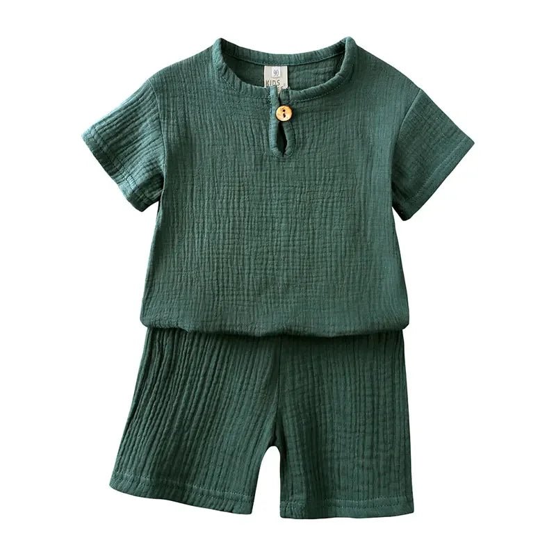 Cotton Linen Kids Clothes Girls Outfit Summer Boy Clothing Sets Solid Color Short Sleeve Tops Shorts Children Clothing 2 - 7 Years - Kenner House Emporium
