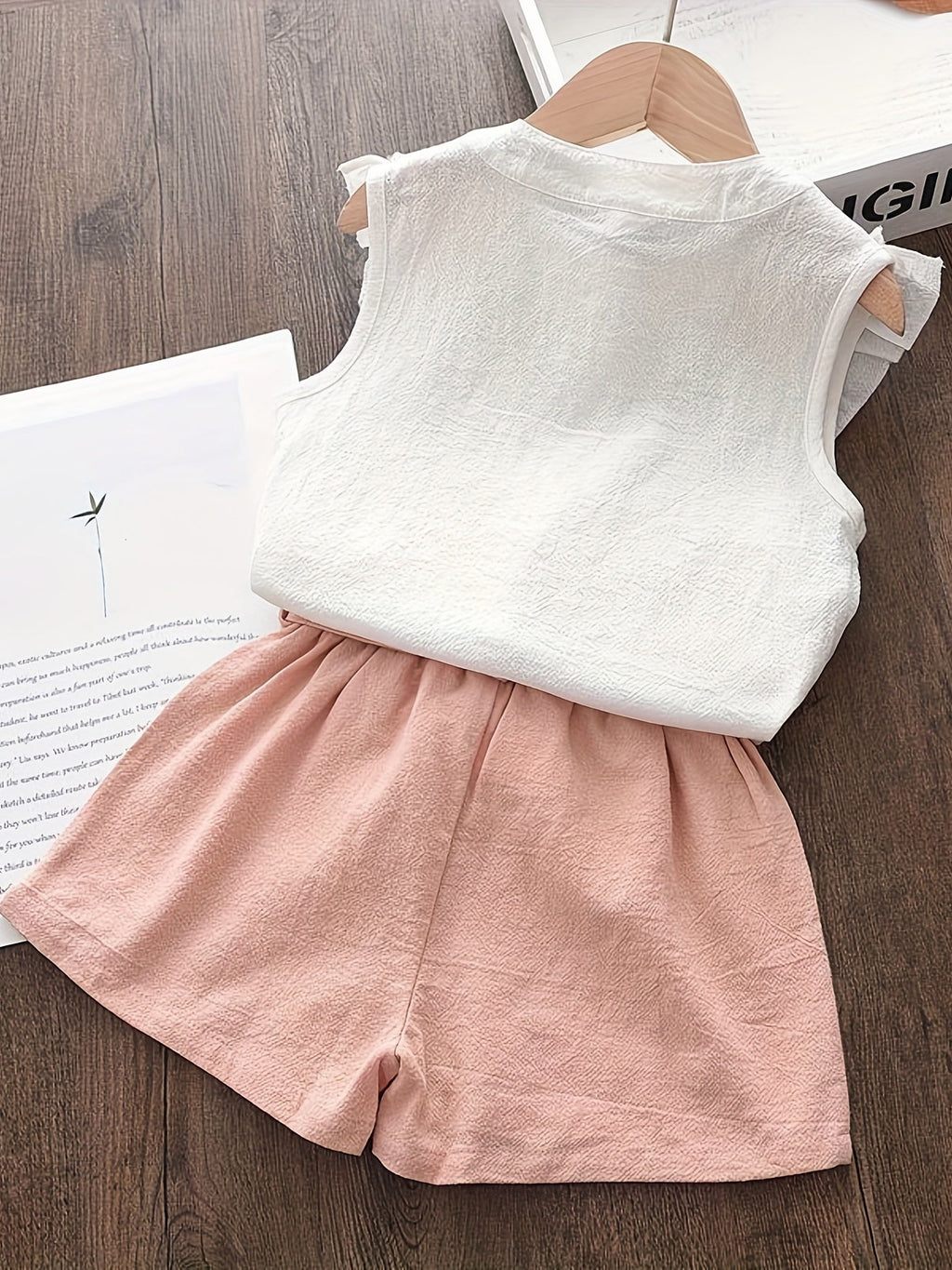 2pcs 100% Cotton Elegant Girls Outfits: Sleeveless Ruffle Trim Shirt Pullover + Shorts Set with Bow Belt for Summer Outdoor - Kenner House Emporium