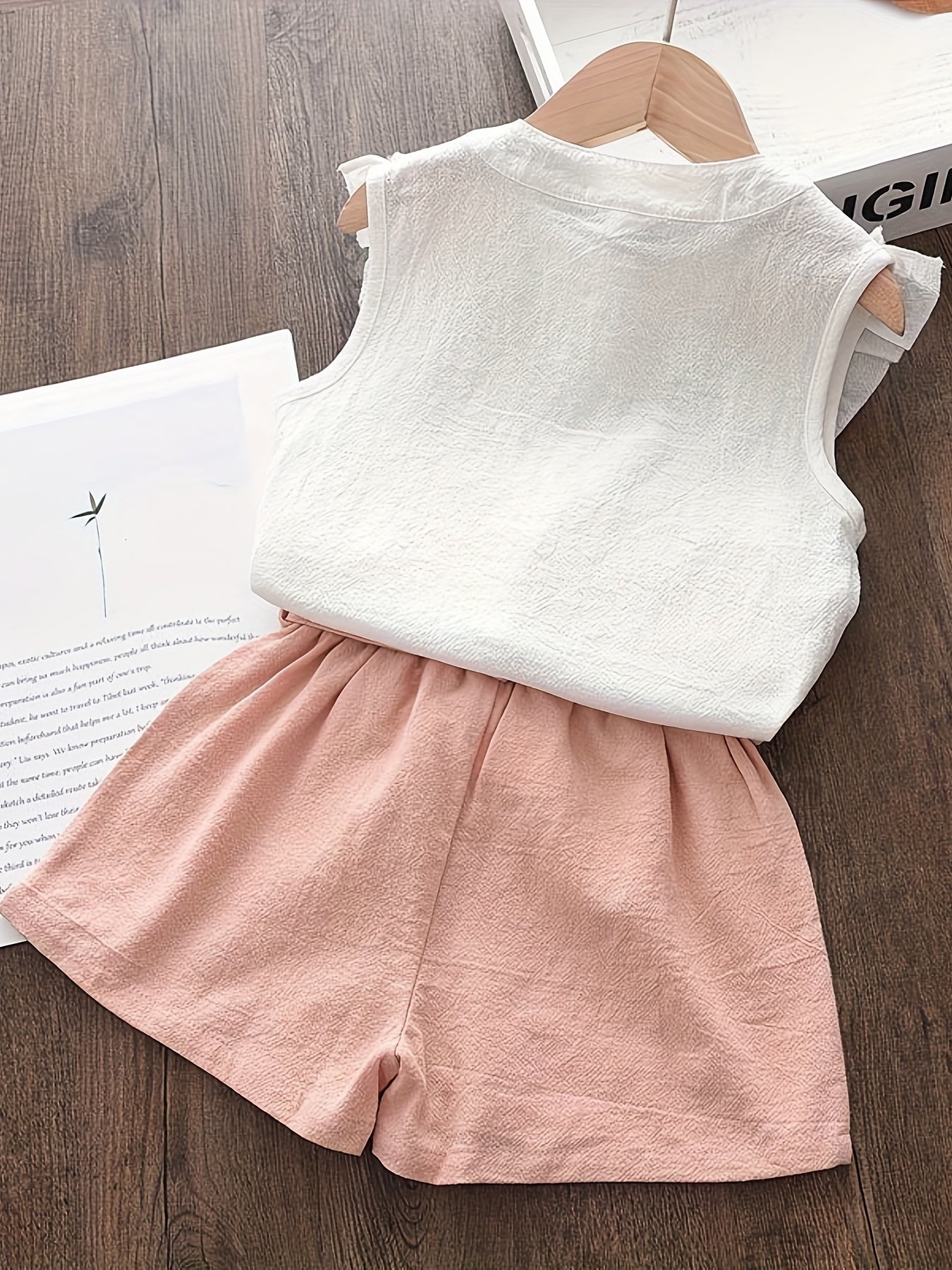 2pcs 100% Cotton Elegant Girls Outfits: Sleeveless Ruffle Trim Shirt Pullover + Shorts Set with Bow Belt for Summer Outdoor - Kenner House Emporium