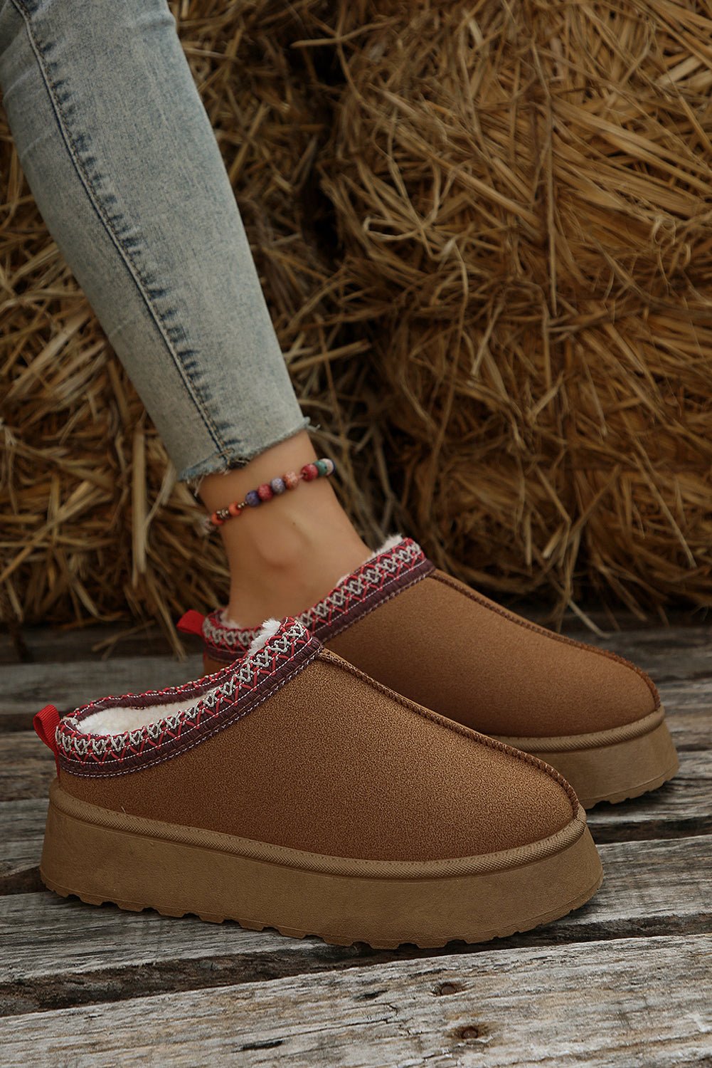 Chestnut Suede Contrast Print Round Toe Plush Lined Flats - Kenner House Emporium