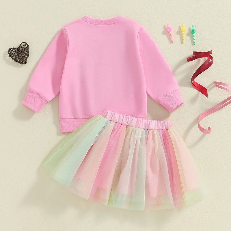 Kids Girls 2 - piece Spring Autumn Outfit Long Sleeve Embroidery Letters Sweatshirt with Tulle Skirt Birthday Clothes - Kenner House Emporium