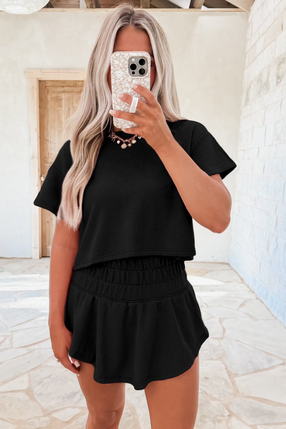 Black Cropped Tee and Ruffle High Waist Skort Set - Kenner House Emporium