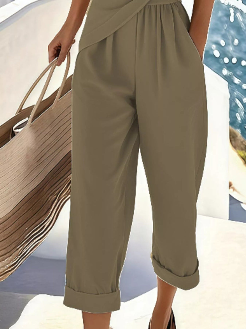 Full Size Surplice Short Sleeve Top and Pants Set Plus Size - Kenner House Emporium