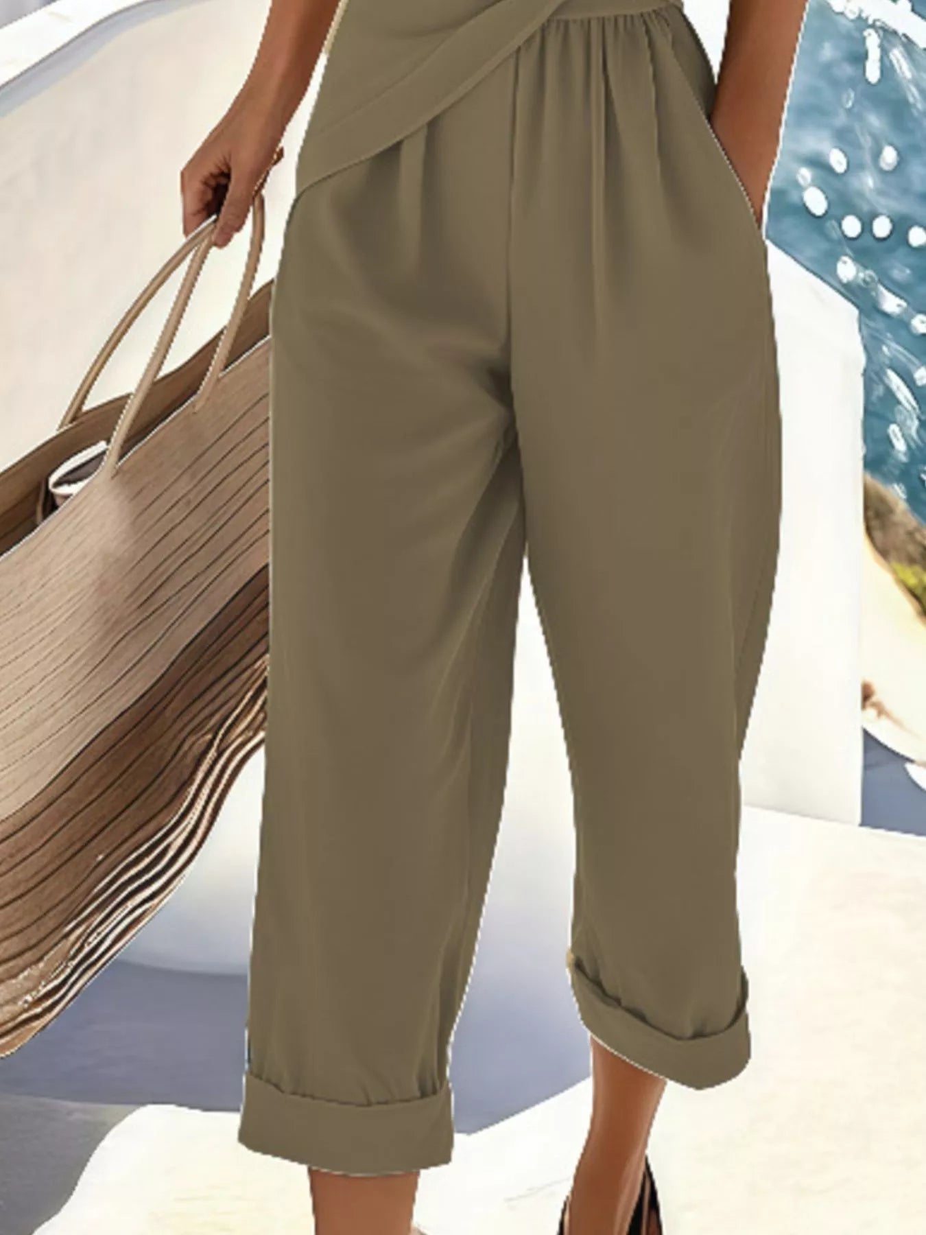 Full Size Surplice Short Sleeve Top and Pants Set Plus Size - Kenner House Emporium
