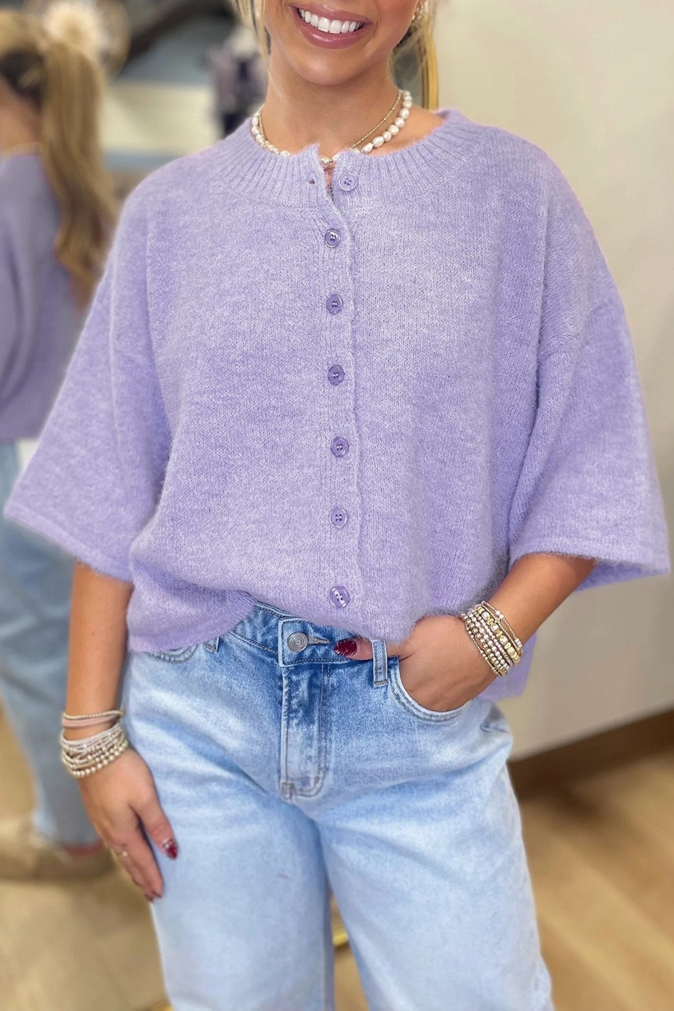 Lavendula 3/4 Sleeve Boxy Knit Button Down Sweater Cardigan - Kenner House Emporium