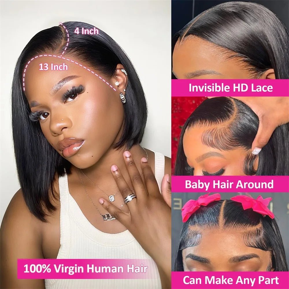 Bob Wig Human Hair 13x4 Hd Lace Front Human Hair Wigs For Black Women Glueless Lace Front Wigs Pre Plucked Pre Cut Straight Bob - Kenner House Emporium