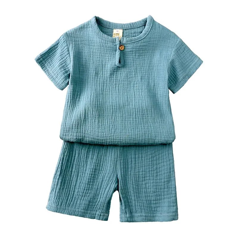 Cotton Linen Kids Clothes Girls Outfit Summer Boy Clothing Sets Solid Color Short Sleeve Tops Shorts Children Clothing 2 - 7 Years - Kenner House Emporium