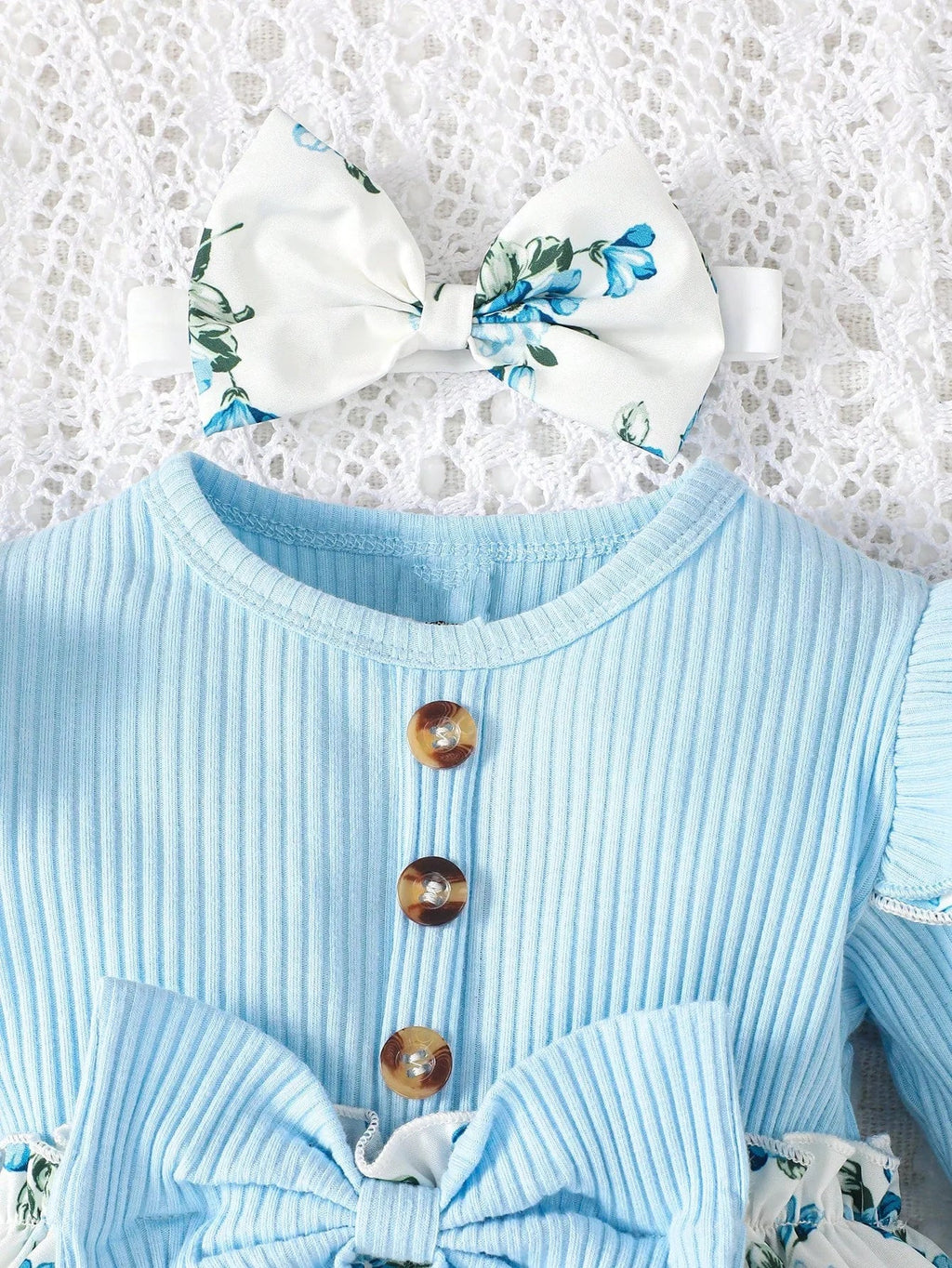 New Baby Girl Spring And Autumn Simple Daily Flower Print Long Sleeved Big Bow Cute Dress Headband - Kenner House Emporium