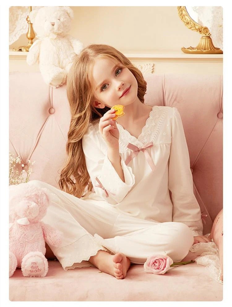 Girls' Pajamas Cotton Princess Style Suit Spring Autumn Long - Sleeved T-Shirt Trousers Cute Baby Home Service Clothes Tops+Pants - Kenner House Emporium