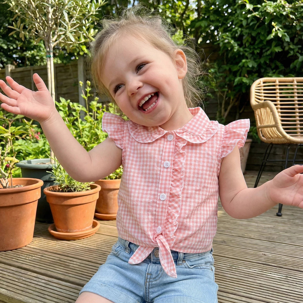 Toddler Clothes Baby Girl Summer Shirts Cute Plaid Solid Color Flying Sleeve Button Down Tops Children's Clothing - Kenner House Emporium