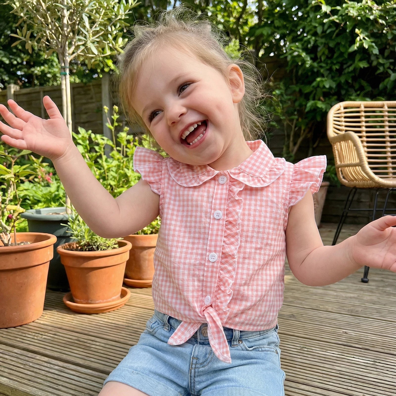 Toddler Clothes Baby Girl Summer Shirts Cute Plaid Solid Color Flying Sleeve Button Down Tops Children's Clothing - Kenner House Emporium