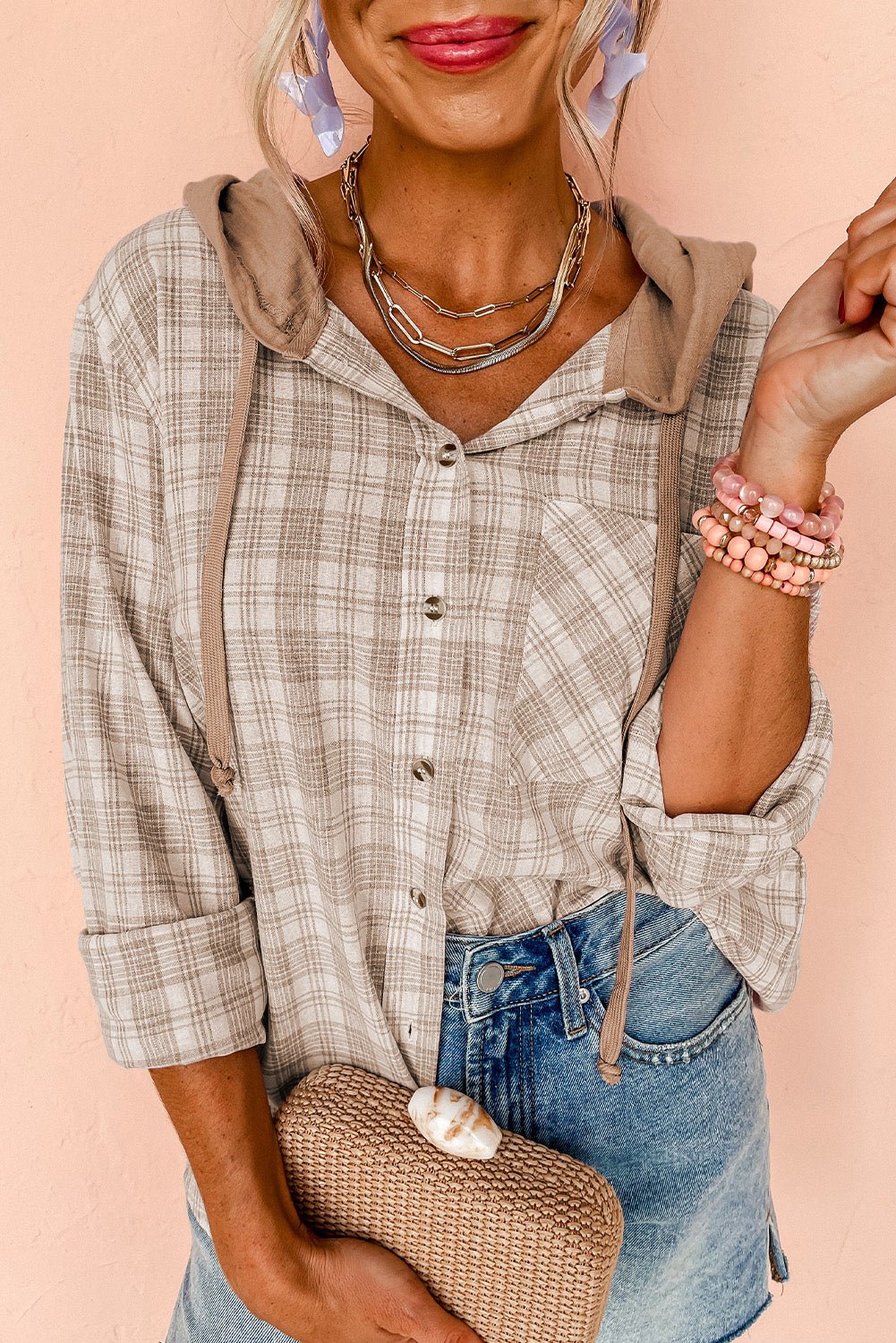 Khaki Checkered Print Hooded Patchwork Loose Fit Shacket - Kenner House Emporium