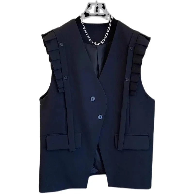New Vest Coat Female Spring Autumn Temperament Wood Ear Splicing Suit Sleeveless Jacket Women Loose Casual Waistcoat Tops Ladies - Kenner House Emporium