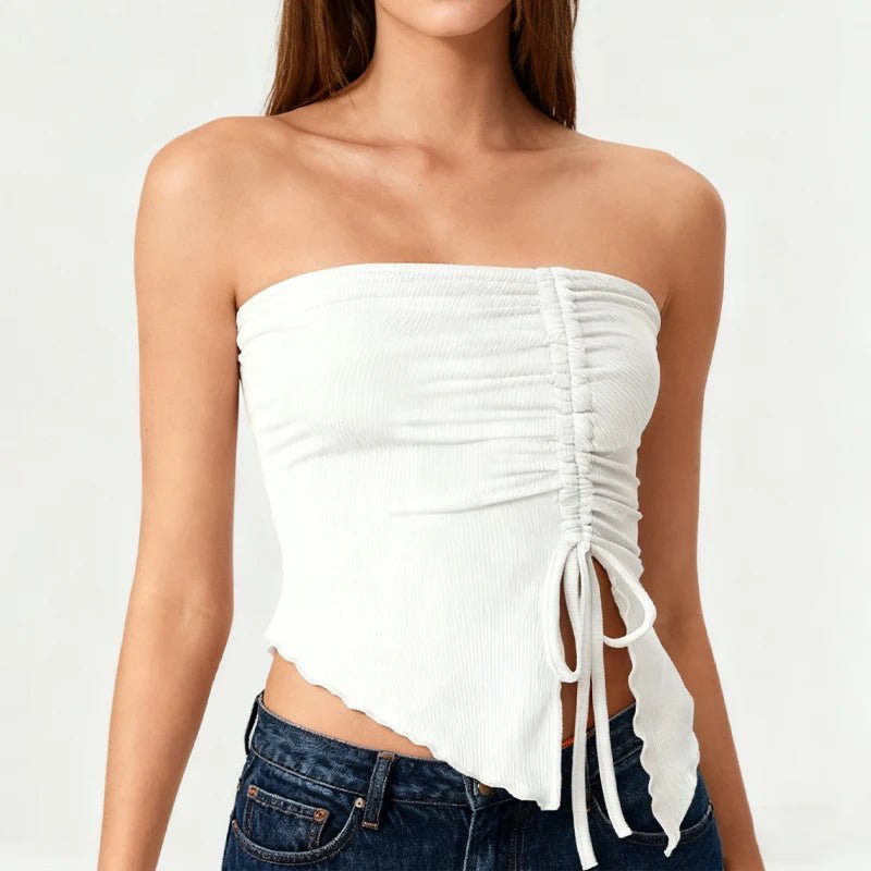 Spring Summer Y2K Women's Strapless Sleeveless Tube Top Mesh Ruched Side Asymmetrical Lace up Bandeau Cami Tank Tops Streetwear - Kenner House Emporium