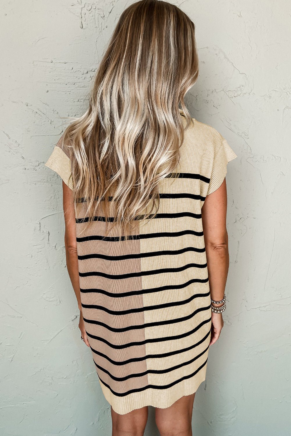 Khaki Stripe Color Block Short Sleeve Quarter Zip Mini Dress - Kenner House Emporium
