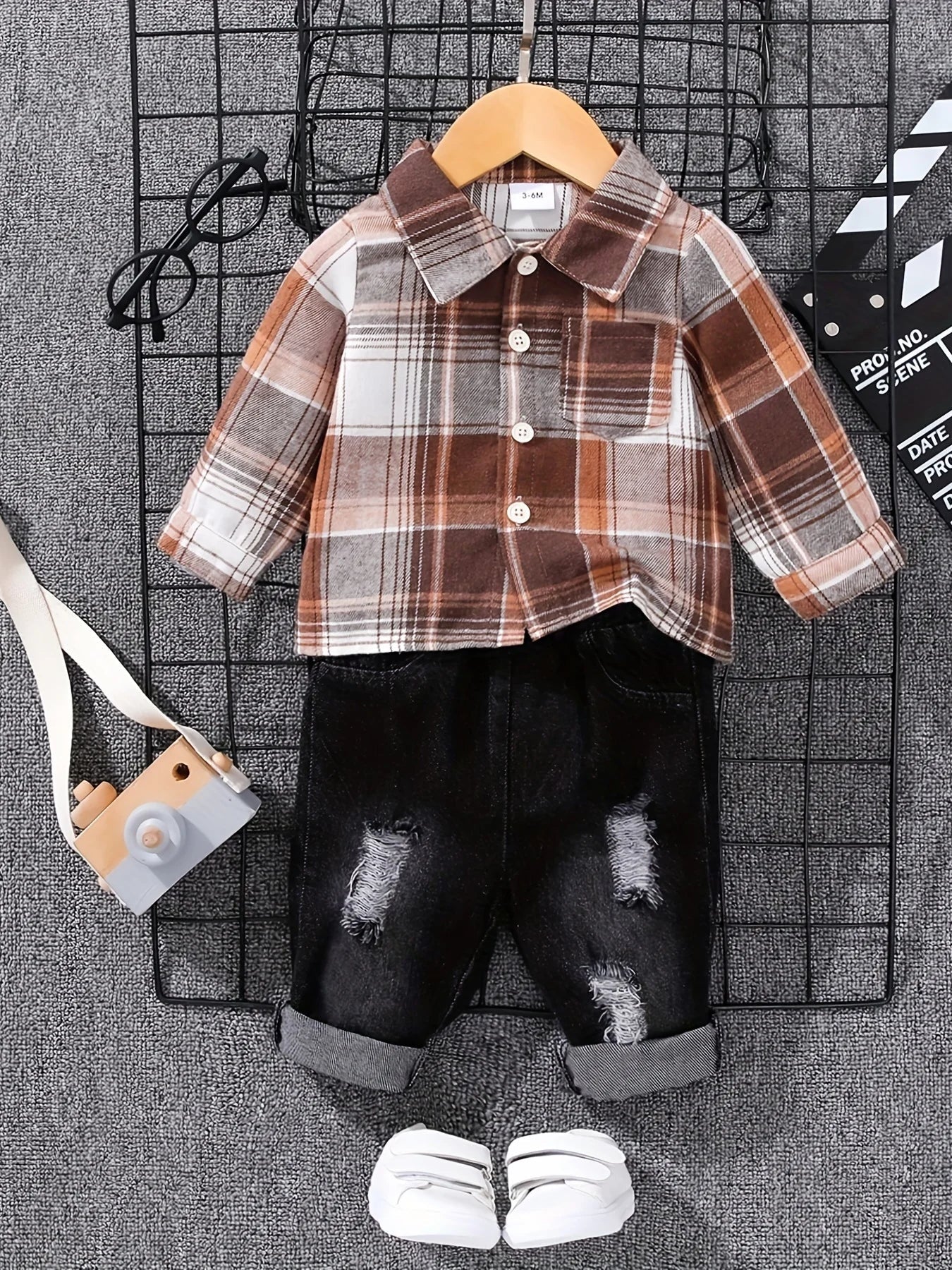 Boys' Spring Autumn Tartan Polo Shirt + - denim Long Trousers Two - piece Casual Outfit Boys Tweed Check Shirt - Kenner House Emporium